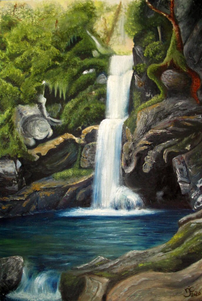 'New Zealand Falls' - Oil on Board, Natalie J Cheetham art