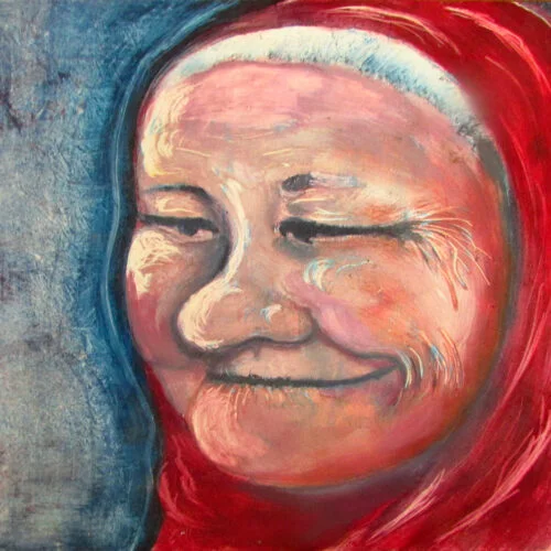 ‘Wise Woman with Snippers’ – Oil on Board, Natalie J Cheetham original portrait