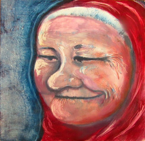 ‘Wise Woman with Snippers’ – Oil on Board, Natalie J Cheetham original portrait